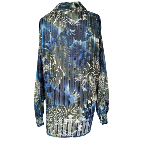 Vintage Sheer Tropical Top 20W Sparkling Gold Buttons Green Blue Button Down 2X - Picture 6 of 8